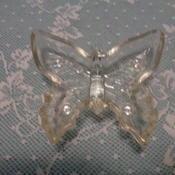 VINTAGE GLASS BUTTERFUL DISH & BLUE SATIN PIN CUSHIN - Picture 4 of 16